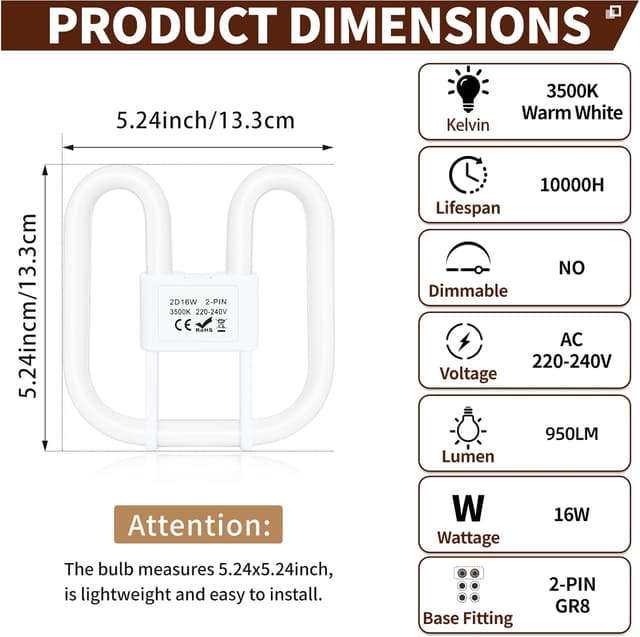 Detalle de Liuyife GR8 2‑Pin 16W CFL Lamp (Warm White 3500K) – Non-Dimmable, 1 Pack
