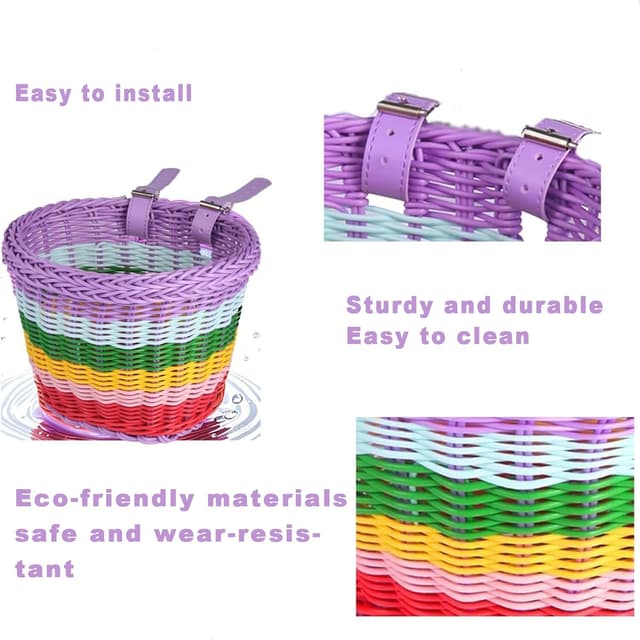 Detalle de SVNR kids bike basket set with handwoven basket, bell, streamers and leather straps