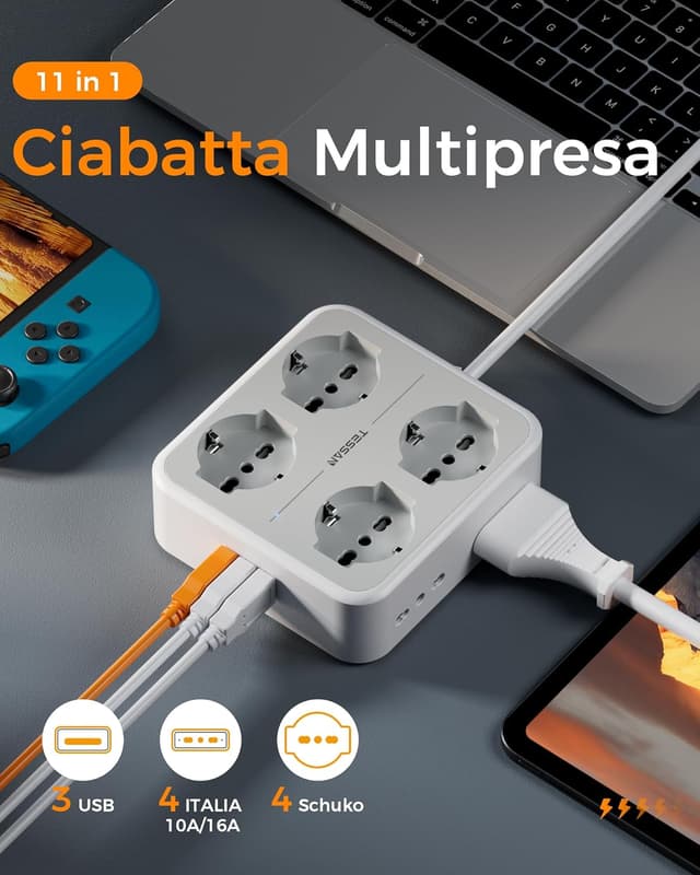 Thumbnail 1 de TESSAN Ciabatta Multipresa 2 m con 3 USB