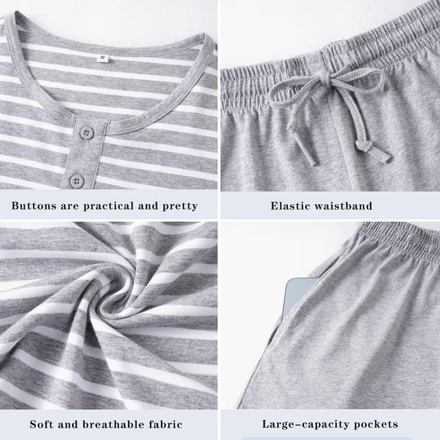 Detalle de Leversic Herren-Schlafanzug kurz aus Baumwolle mit Kontraststreifen – Sommer-Pyjama Set