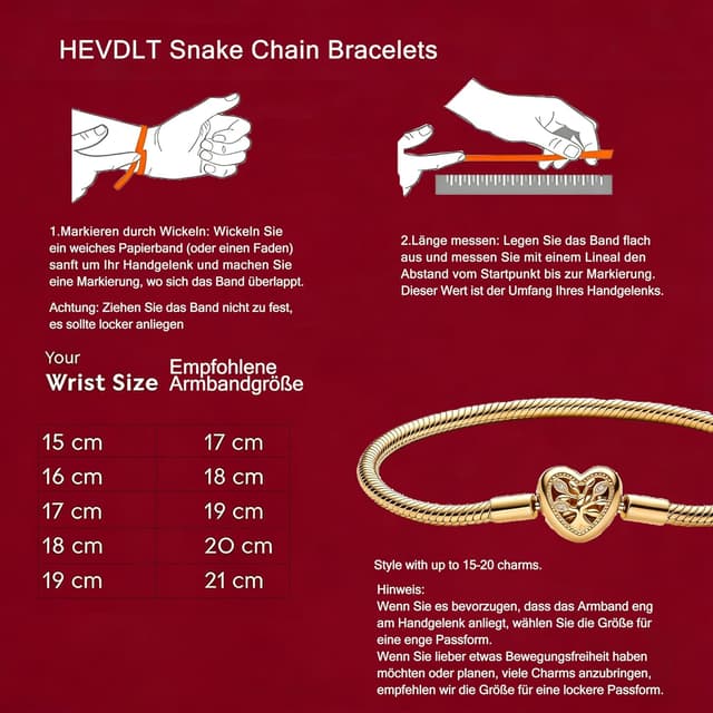 Detalle de Hevdlt Goldfarben Damenarmband aus 925er Sterlingsilber (vergoldete Metalllegierung) für Moments/Charms, 17–21 cm