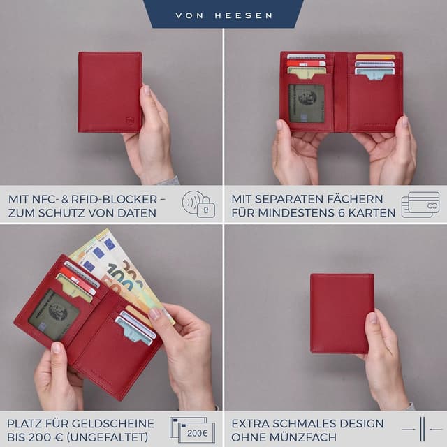 Detalle de VON HEESEN Leder-Geldbörse mit RFID-Schutz (Rot) – Herren & Damen, Echtleder