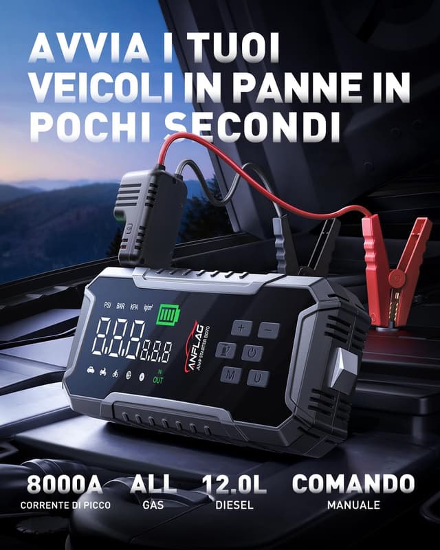 Detalle de ANFLAG Booster Avviamento Auto 8000A con Compressore 160 PSI, 26800 mAh e USB-C (600 lm)