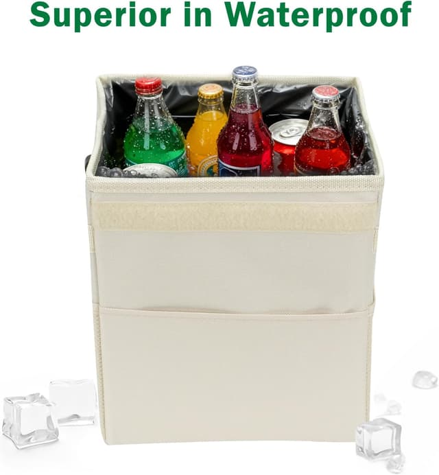 Detalle de Domemit Car Bin (2 Gallons / 8L) – Collapsible waterproof car trash can with lid, pockets & adjustable strap – Beige