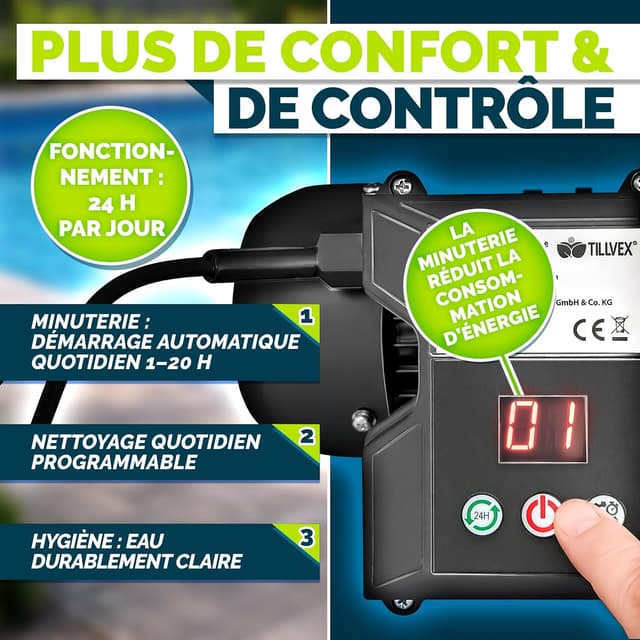 Detalle de Système de filtration à sable tillvex AquaBlack Pro 10m³/h avec vanne 7 voies, indicateur de pression et minuterie