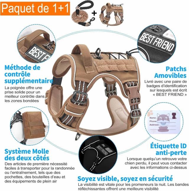 Detalle 2 de Haarpaw Harnais tactique XL pour grands chiens marron, anti-traction et réglable