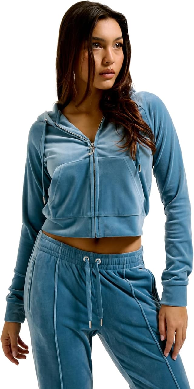 Detalle de Juicy Couture Damen Madison Hoodie Kapuzensweatjacke aus Velour-Mix mit Reißverschluss
