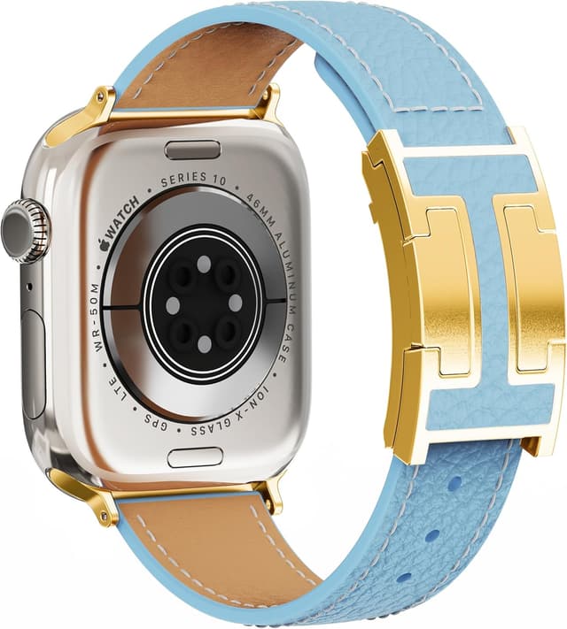 Detalle de Leather Watch Band with Magnetic Buckle for Apple Watch Ultra & Series 1–9 (49mm–38mm) – Natural Cowhide Strap