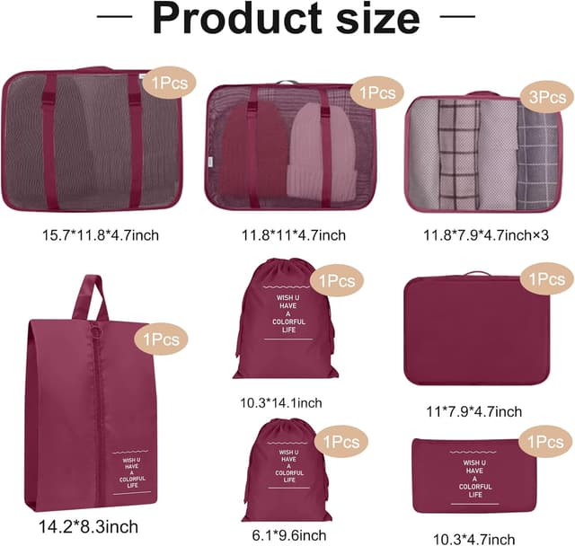Detalle de TXBOBECO Koffer Organizer Set (10-teilig) – Packing Cubes und Packtaschen in Burgunderrot