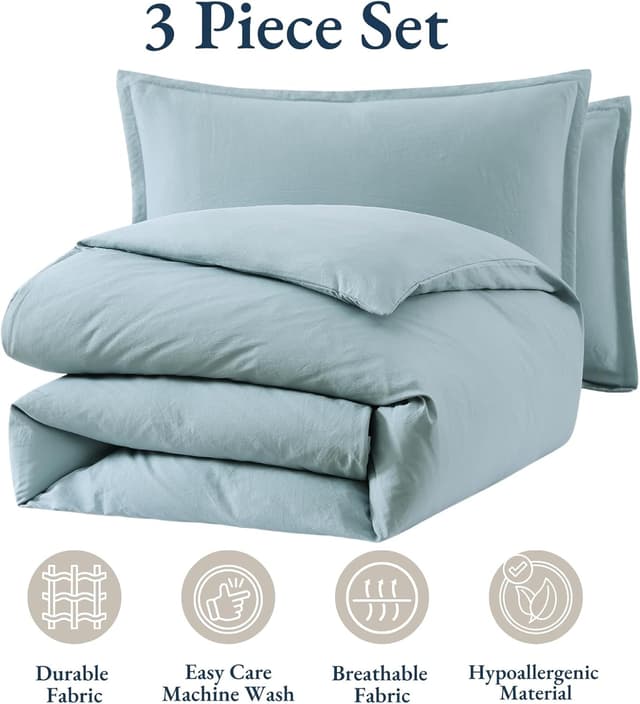 Detalle de Lane Linen King duvet cover set in French Blue (pre-washed soft microfiber polyester) with 2 pillow shams