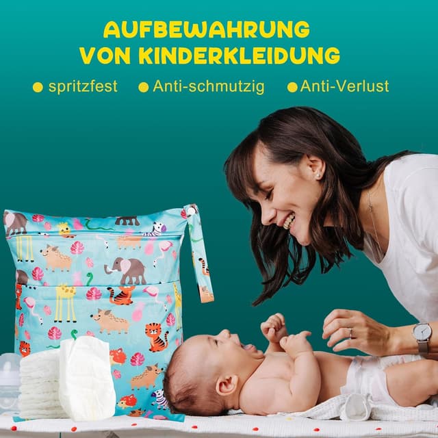 Detalle de Loscarol Wetbag Kindergarten (2 Stück) – Nassbeutel & Windeltasche groß/klein mit Doppelreißverschluss (Zoo)