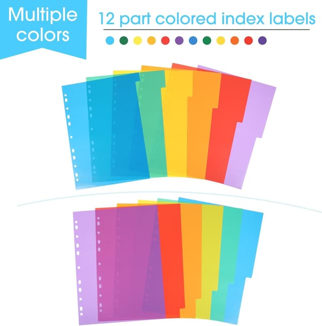 Detalle de A4 File Dividers 6 Pack (12-Part) Coloured Plastic Index Dividers with Sticky Notes for Ring Binders and Lever Arch Files