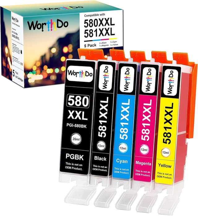 Detalle de WORTHDO kompatible Tintenpatronen 580/581 XXL im 5er-Pack für Canon Pixma TR8550 & TS-Serie