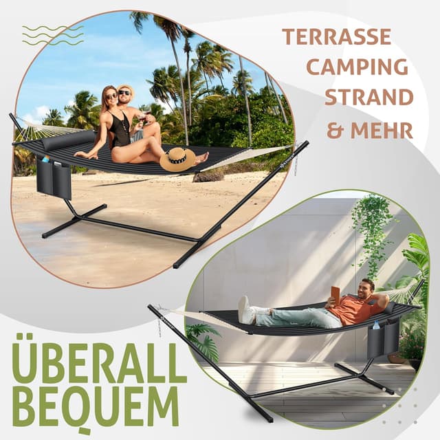 Detalle de KESSER® Hängematte Hill mit Gestell, Kissen & Doppel-Hängesessel für 2 Personen (bis 200 kg), Anthrazit