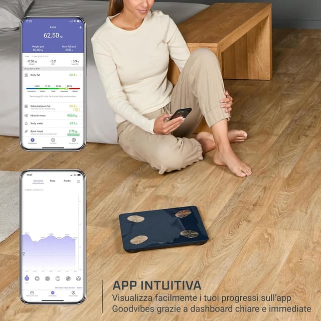 Detalle de Rowenta Goodvibes Life+ 2.0 BR9720, bilancia smart con schermo LED e 15 indicatori corporei fino a 180 kg