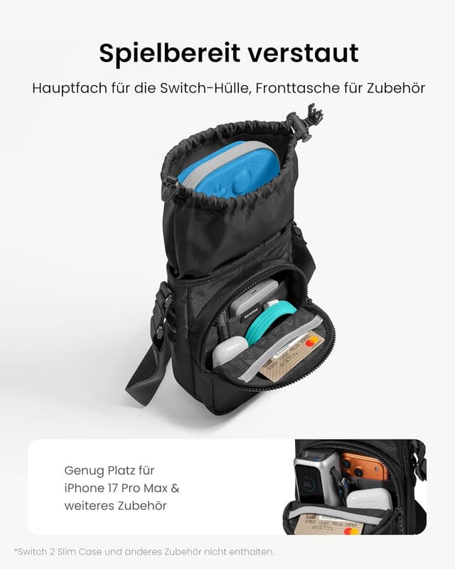 Detalle de tomtoc JoyCarry Sling Umhängetasche für Nintendo Switch 2 Slim Case – 33 × 16 × 8 cm, 3,5 l, leicht (200 g)