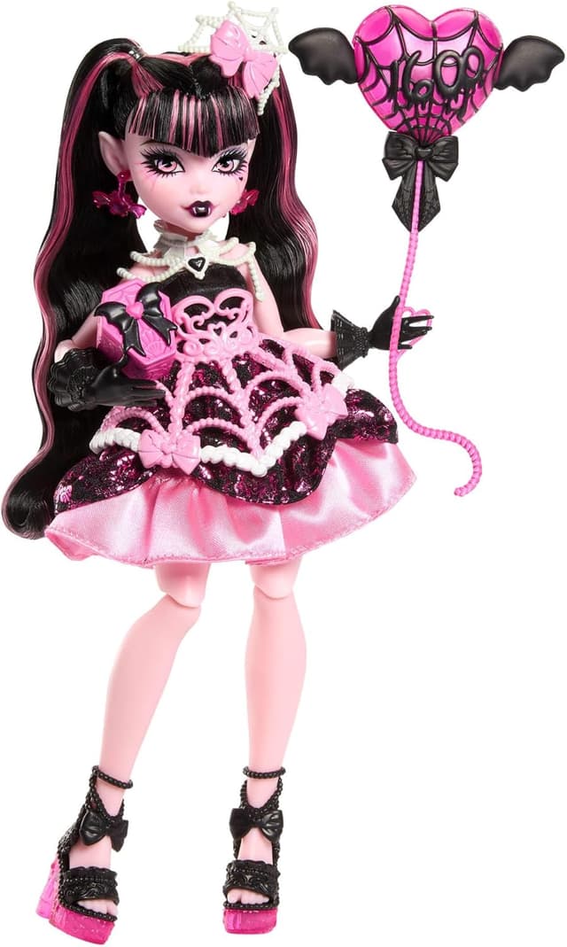 Detalle de Monster High Scary Sweet Birthday-Puppe – Draculaura im rosa Partykleid mit Zubehör JBG74