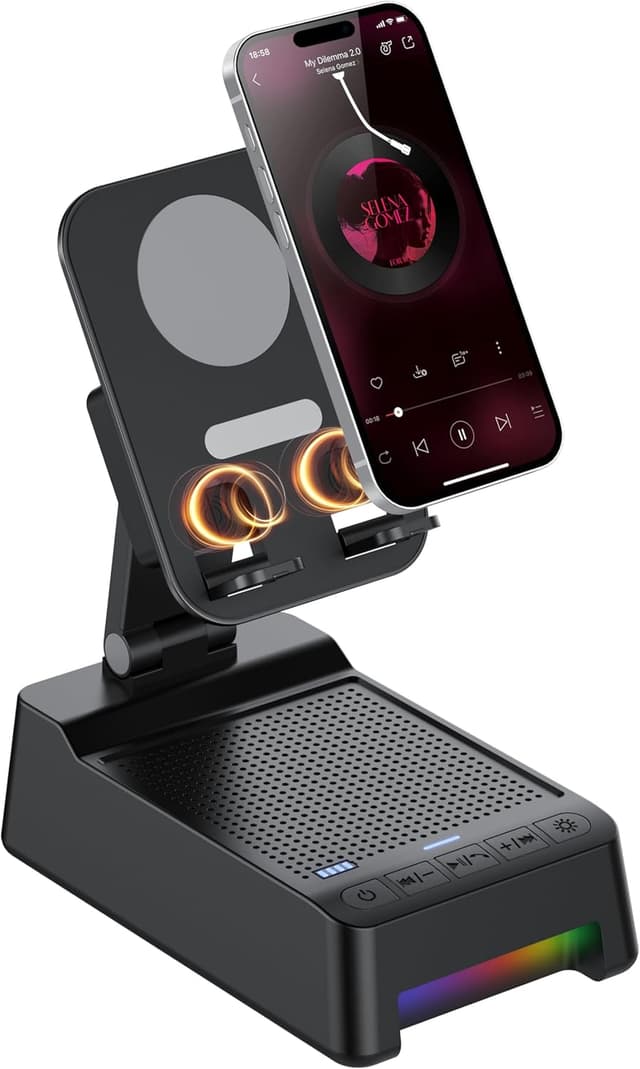 Detalle de Wireless Induction Speaker 5-in-1 Bluetooth Speaker with Phone Stand, 360° LED Rotation, and 3000mAh Power Bank