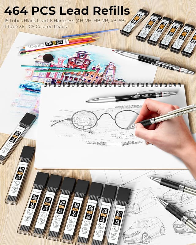 Detalle de STAGEEK 30-teiliges Druckbleistift-Set mit Metallstiften, LEDertasche und Minen 0,5/0,7/0,9/2,0 mm