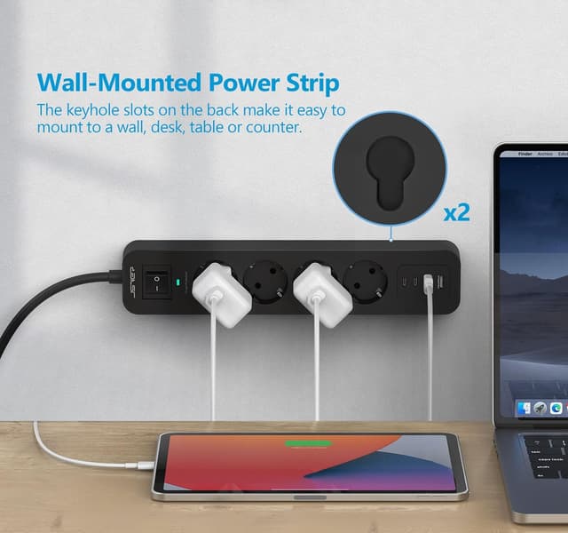 Detalle 2 de JSVER ciabatta elettrica con 4 porte USB (2 USB-A + 2 USB-C), 4 m e adattatore: 3680 W/16 A, nero