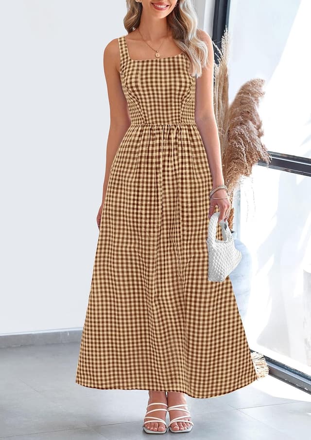 Detalle de PRETTYGARDEN Women’s Plaid Square-Neck Spaghetti Strap Maxi Dress (2026 Summer Collection)