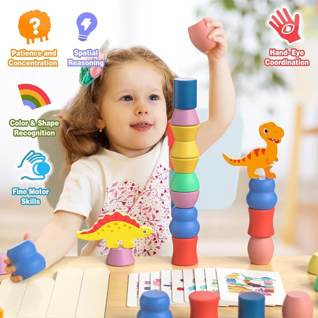 Thumbnail 2 de JAiiMen Montessori Dinosaur Wooden Blocks (9 blocks, planks, sorting & challenge cards) for ages 2–4