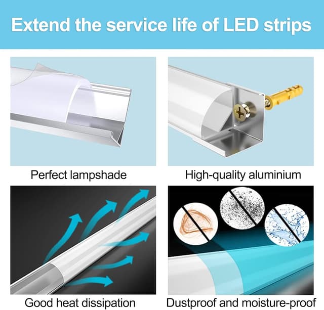 Detalle 2 de VEANANO V-Shape LED profile diffuser channel kit (6-pack) with milky cover, end caps and mounting clips