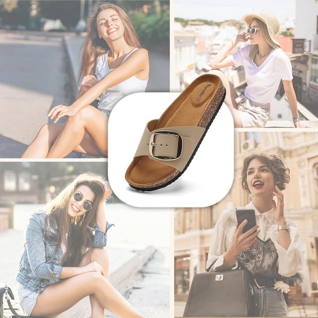 Detalle 2 de Torotto Pantoletten für Damen: verstellbare Schnallen-Sandalen & Hausschuhe mit flachem Absatz