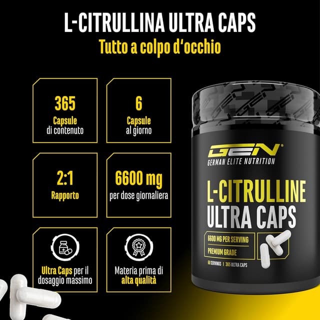 Detalle 2 de L-Citrullina Ultra Caps di DL-malato 2:1 – 365 capsule ad alto dosaggio (1.100 mg/capsula)