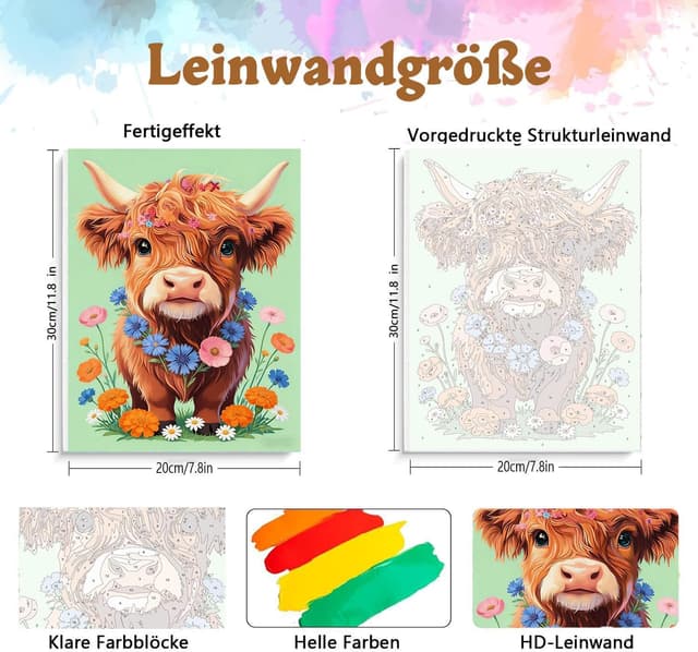 Detalle 2 de Gemartmall Kuh Malen nach Zahlen Tiere 20x20 cm