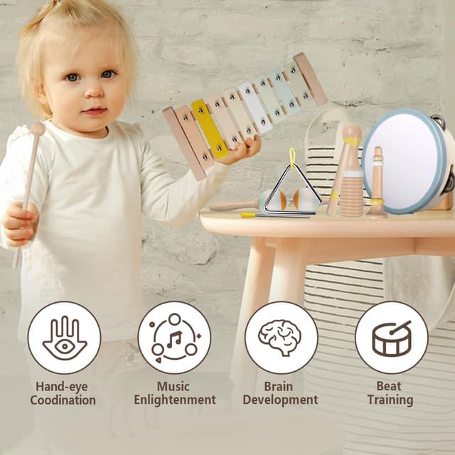 Thumbnail 2 de Baby Musical Instruments Montessori Wooden Toys Set (Neutral Colors) with Xylophone for Toddlers 1–3