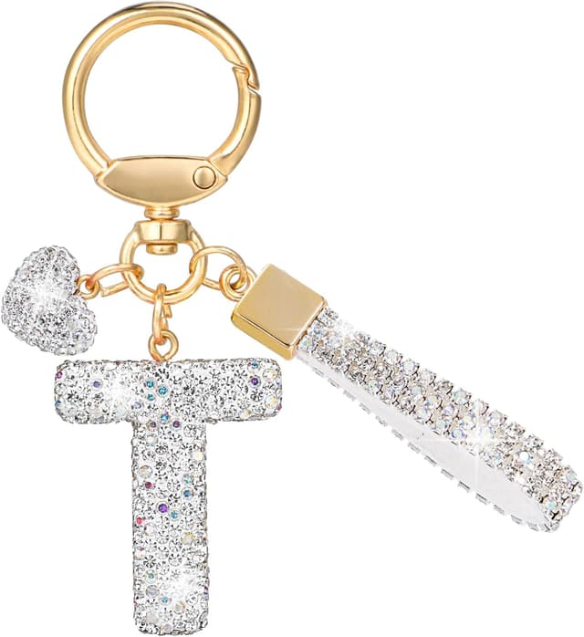 Detalle de MWOOT Glitzer-Schlüsselanhänger mit Buchstabe (Strass) – silberner Keychain mit Namens-Initial für Auto & Tasche