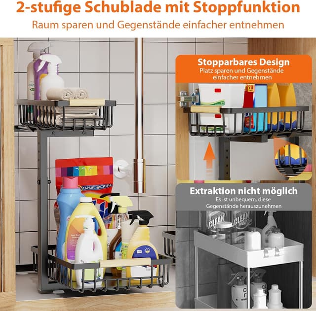 Detalle de OUUTMEE Küchen Organizer für unter dem Spülbecken – 2er-Set, höhenverstellbar 35,5–43 cm, Metall schwarz