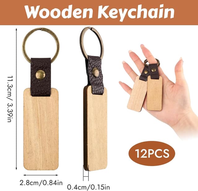 Detalle de Svalor 12 Pack Wooden Keyring Blanks for Laser Engraving (Rectangle Beech Wood)
