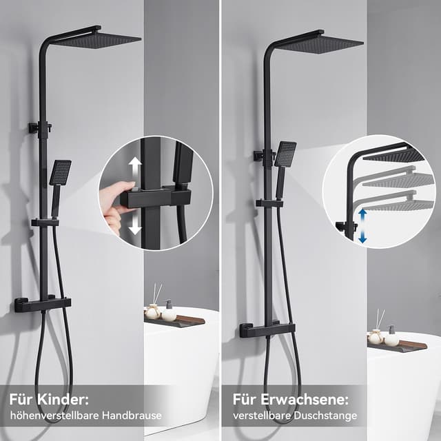 Thumbnail 6 de Auralum Regendusche Komplettset mit Thermostat – schwarz, 25×25 cm Quadratrose, höhenverstellbare Edelstahl-Duschstange (Messingarmatur)