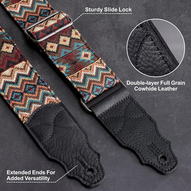 Detalle de YIKOKO Gitarrengurt aus Rindsleder-Kopfschicht, verstellbar 38–64" (für Akustik-/Bass- und E-Gitarre)