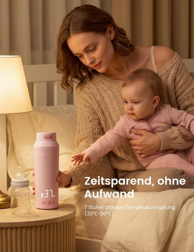 Detalle de Paruu tragbarer Flaschenwärmer für Babys, Schnellaufheizen in 2 Minuten, 30W, 350 ml, 7-stufige Temperaturregelung (rosa)
