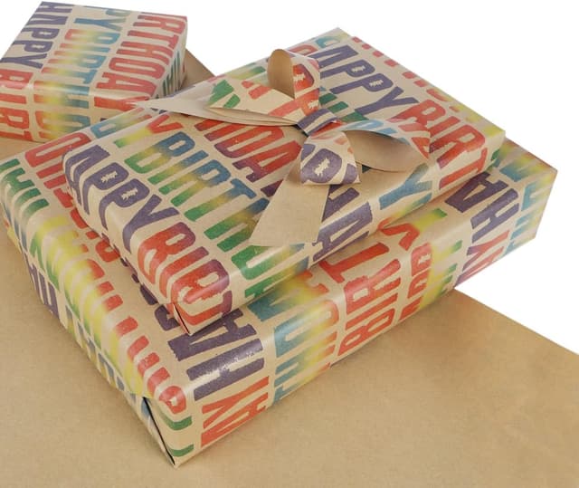 Detalle de HBell Happy Birthday wrapping paper roll (15m) with kraft design, recyclable gift wrap