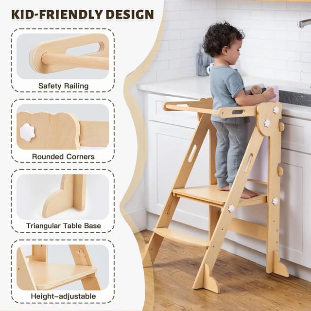 Detalle de labebe klappbarer Lernturm aus Holz mit zweiseitiger Tafel (Montessori Learning Tower, 3-in-1, ab 1 Jahr)