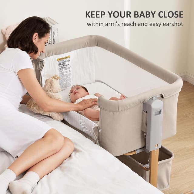 Detalle de 3 in 1 Baby Bassinet (Rocking + Bedside Sleeper) with 6-Height Adjustment, Breathable Mesh & Storage Basket