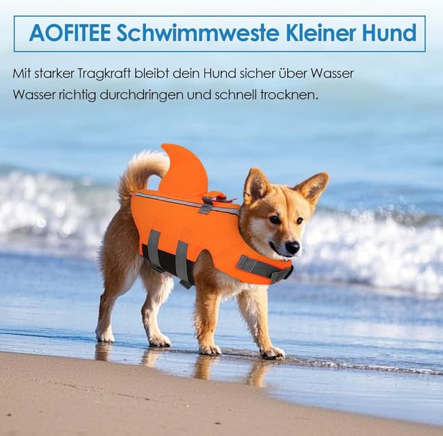 Thumbnail 6 de AOFITEE Schwimmweste für Hunde „Hai“ (mittel, verstellbar, Orange) mit Rettungsgriff