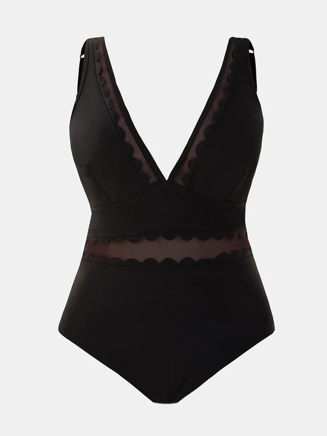 Detalle de CUPSHE costume da bagno intero donna Plus Size con scollo a V in rete smerlata e spalline regolabili