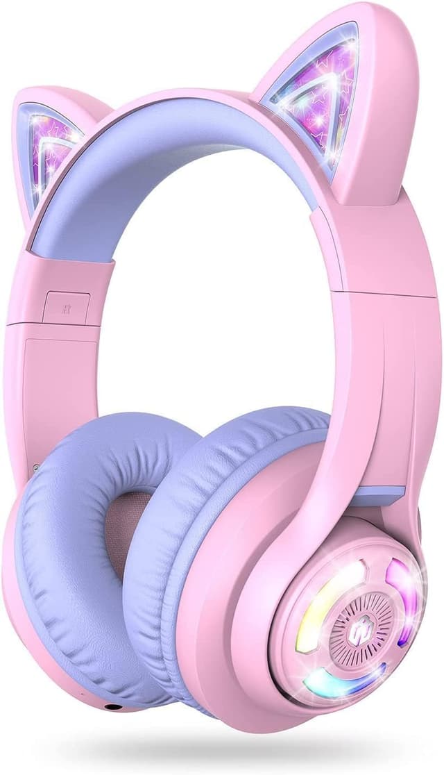 Detalle de iClever Kids BTH13 Bluetooth Cat Ear LED Headphones (wireless + 3.5mm, volume limiting, mic)