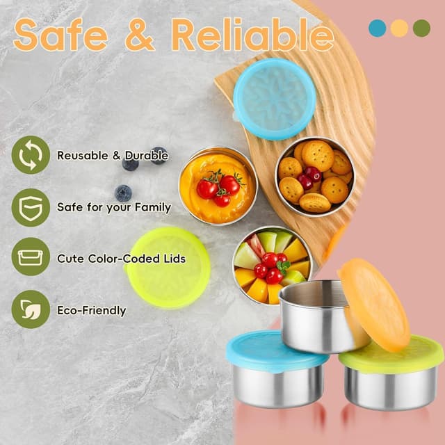 Detalle 2 de Misichao 3pc Stainless Steel Snack Pots with Silicone Lids (220ml) – leakproof reusable bento-style storage