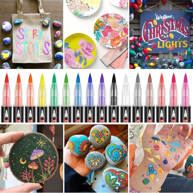 Detalle de colpart Acrylic Paint Pens for Rocks, 48-Colour Brush Tip Marker Set for Stone, Wood, Ceramic & Glass