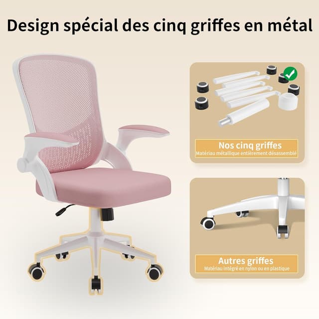 Thumbnail 6 de naspaluro Chaise de bureau ergonomique avec accoudoirs rabattables, dossier avec rangement et pivot 360° (rose)