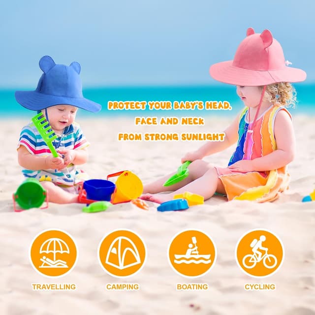Detalle 2 de DRESHOW Baby Sun Hat (UPF 50+) Toddler Wide Brim Bucket Cap with Chin Strap & Bear Ears