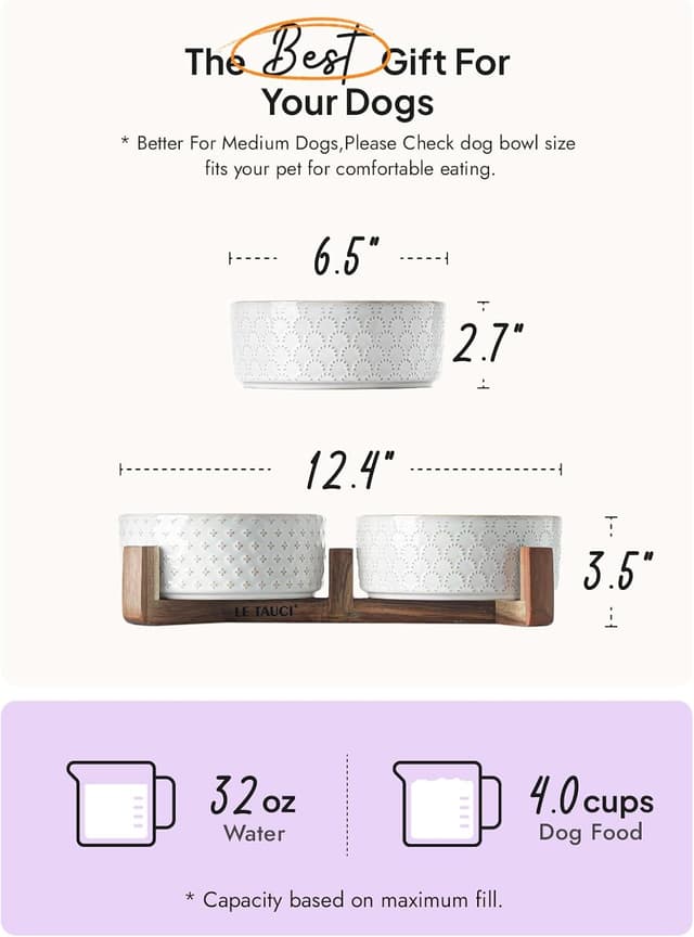 Detalle de LE TAUCI Hundenäpfe Keramik-Set mit Akazienholzständer (3 Näpfe + Wassernapf) für kleine bis mittelgroße Hunde