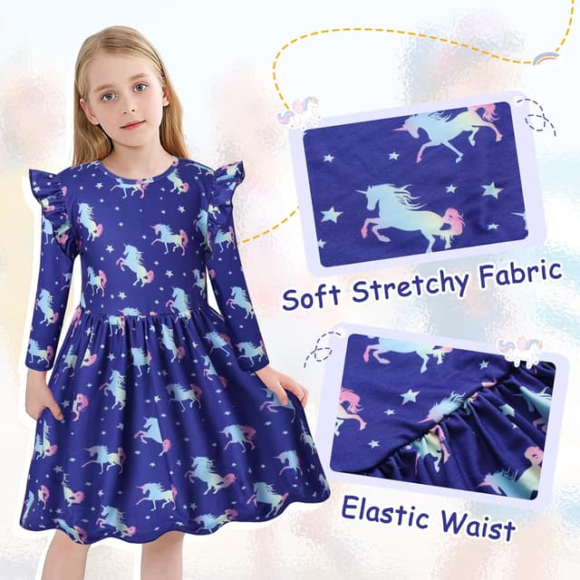 Detalle de VASCHY robe fille en coton imprimé licorne manches longues courtes, 3 à 10 ans