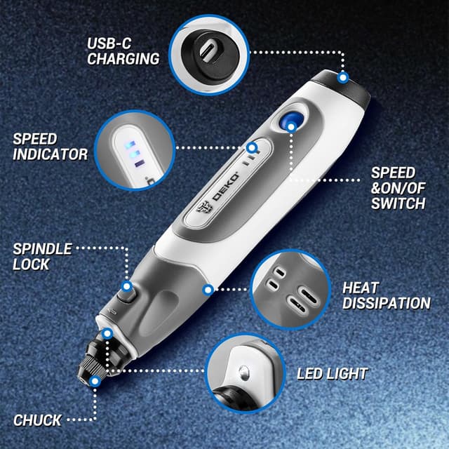 Detalle de DEKOPRO 3.6V Mini Cordless Rotary Tool with Variable Speed Display (Type-C) + 70 Accessories